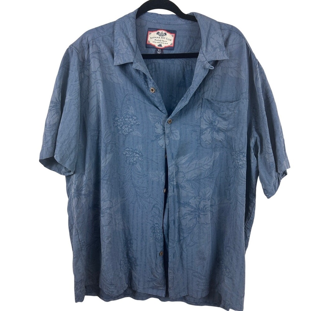 Bahama Bay Club Mens XL Blue Floral Hibiscus Jacquard‎ Short Sleeve Camp Shirt
